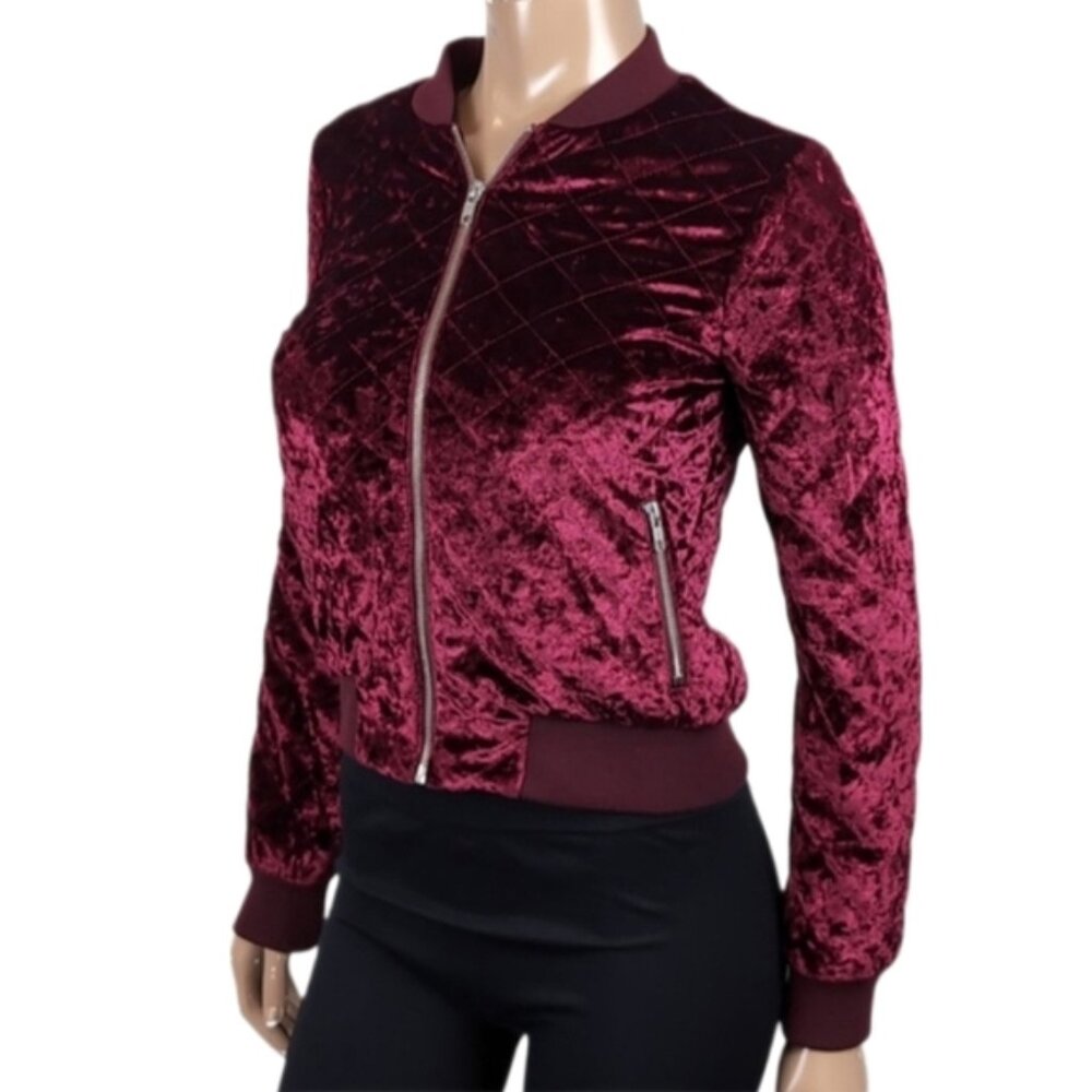 Dotti Crushed Velvet Bomber Jacket Quilted Zip Front Burgundy Wine Plush